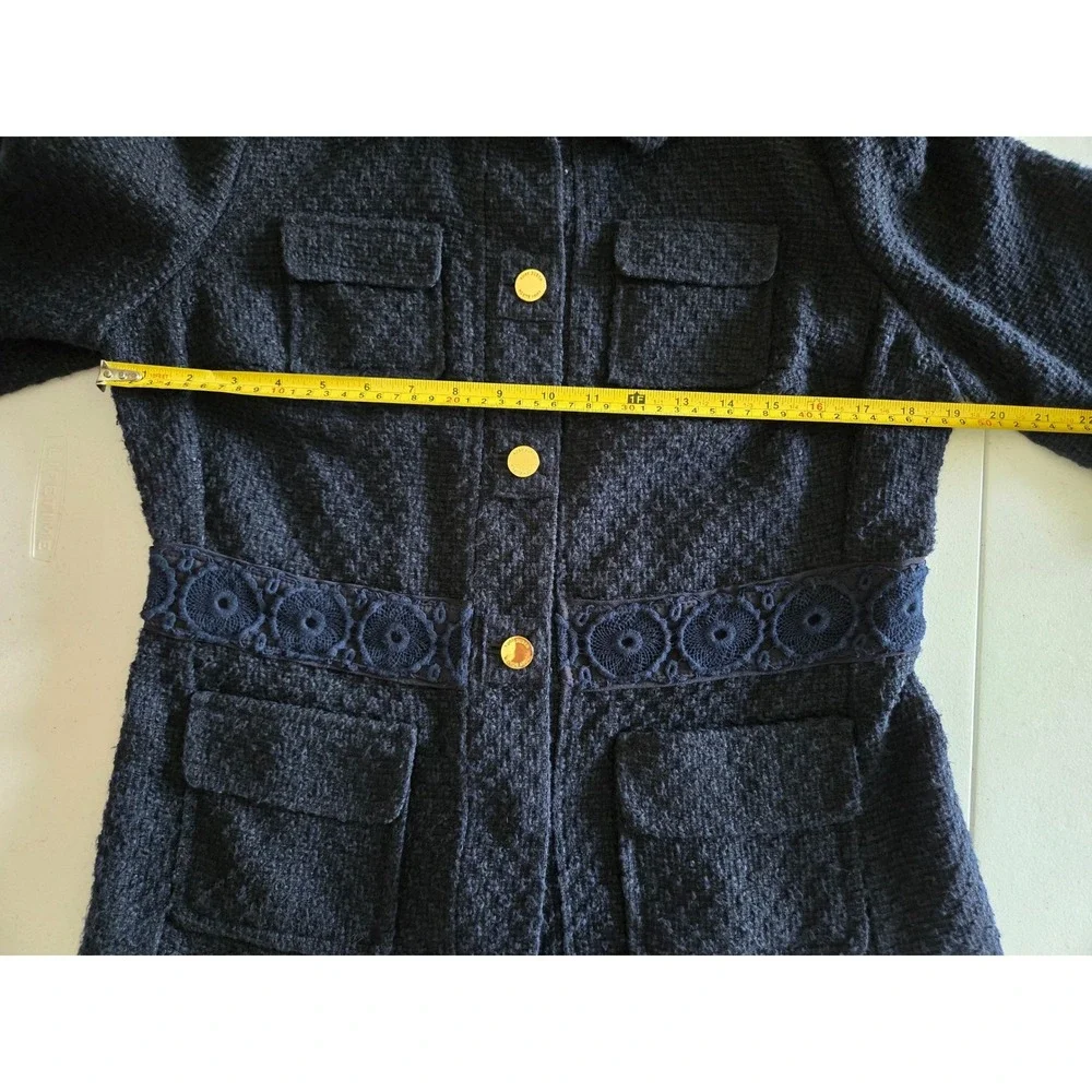 Tory Burch Navy Blue Tweed Lace Trim Jacket Gold Buttons 8  Womens Boucle Blazer - Picture 9 of 13